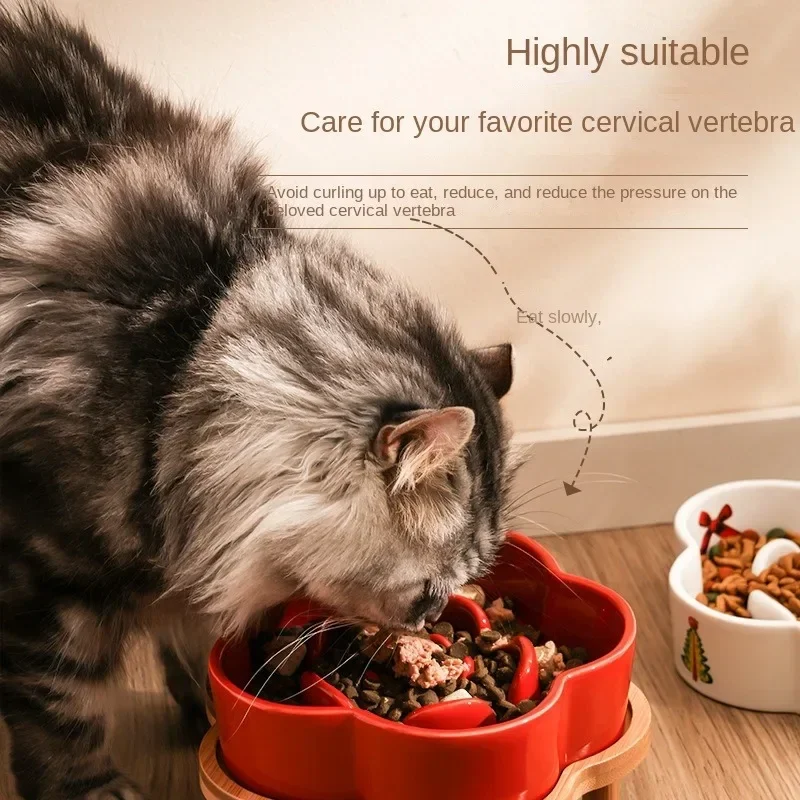 Tigela de Cerâmica Slow Feed para Gatos e Cães Pequenos com Suporte de Madeira - Image 4