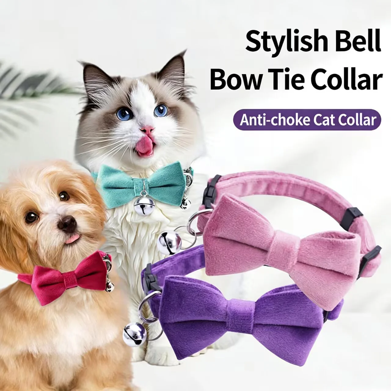 Coleira Ajustável para Cães e Gatos com Laço e Sino - Imagem 2