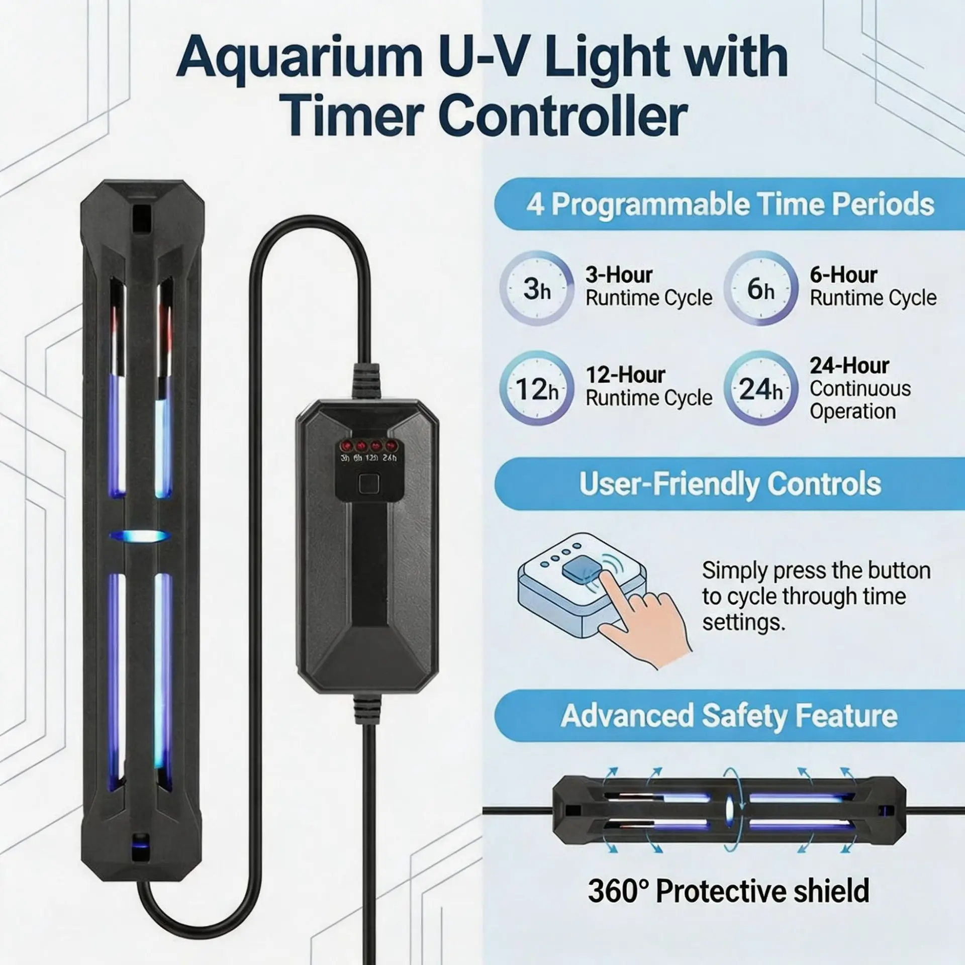 Lâmpada UV Submersível para Aquário com Temporizador e Capa Protetora - Imagem 2