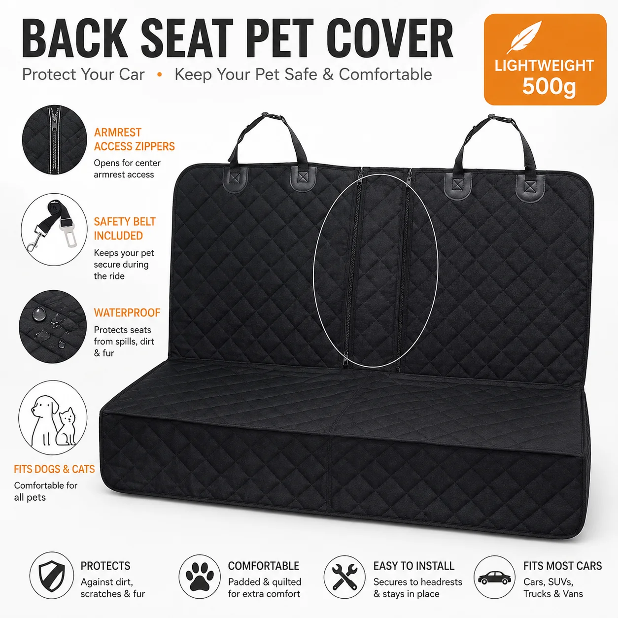 Capa para Banco de Carro para Cães e Gatos Impermeável Acolchoada Leve 500g - Imagem 6