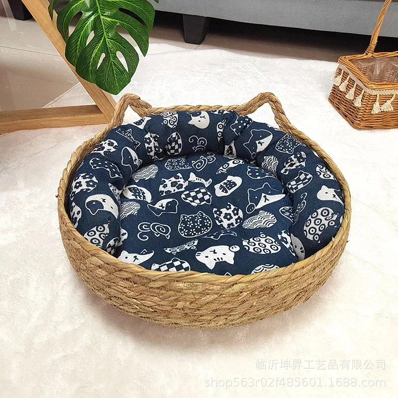 Cama Cesta para Gatos e Cães de Rattan com Almofada Macia 35 cm - Image 6