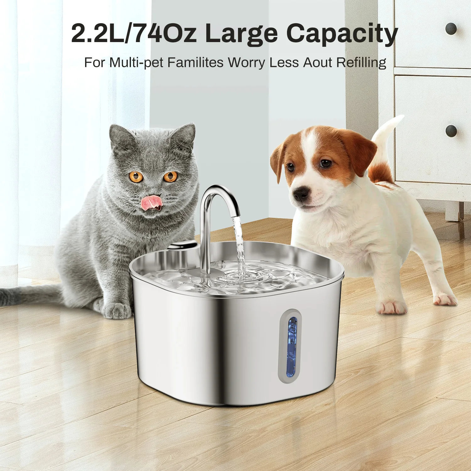 ZYFeeder Fonte de Água para Gatos e Cães 2.2 L Aço Inoxidável - Imagem 2