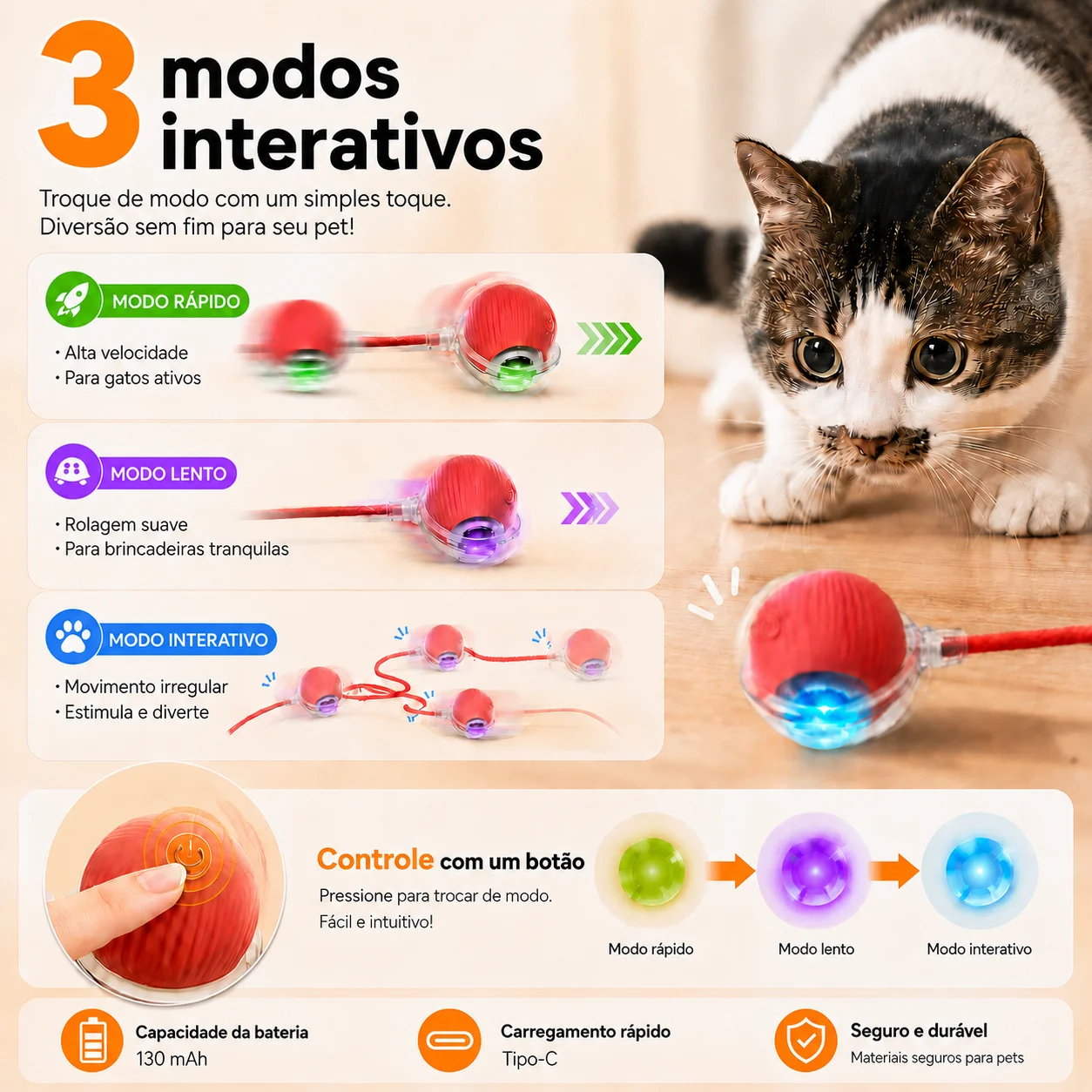 Brinquedo Interativo para Gatos Bola Automática Recarregável USB - Imagem 4