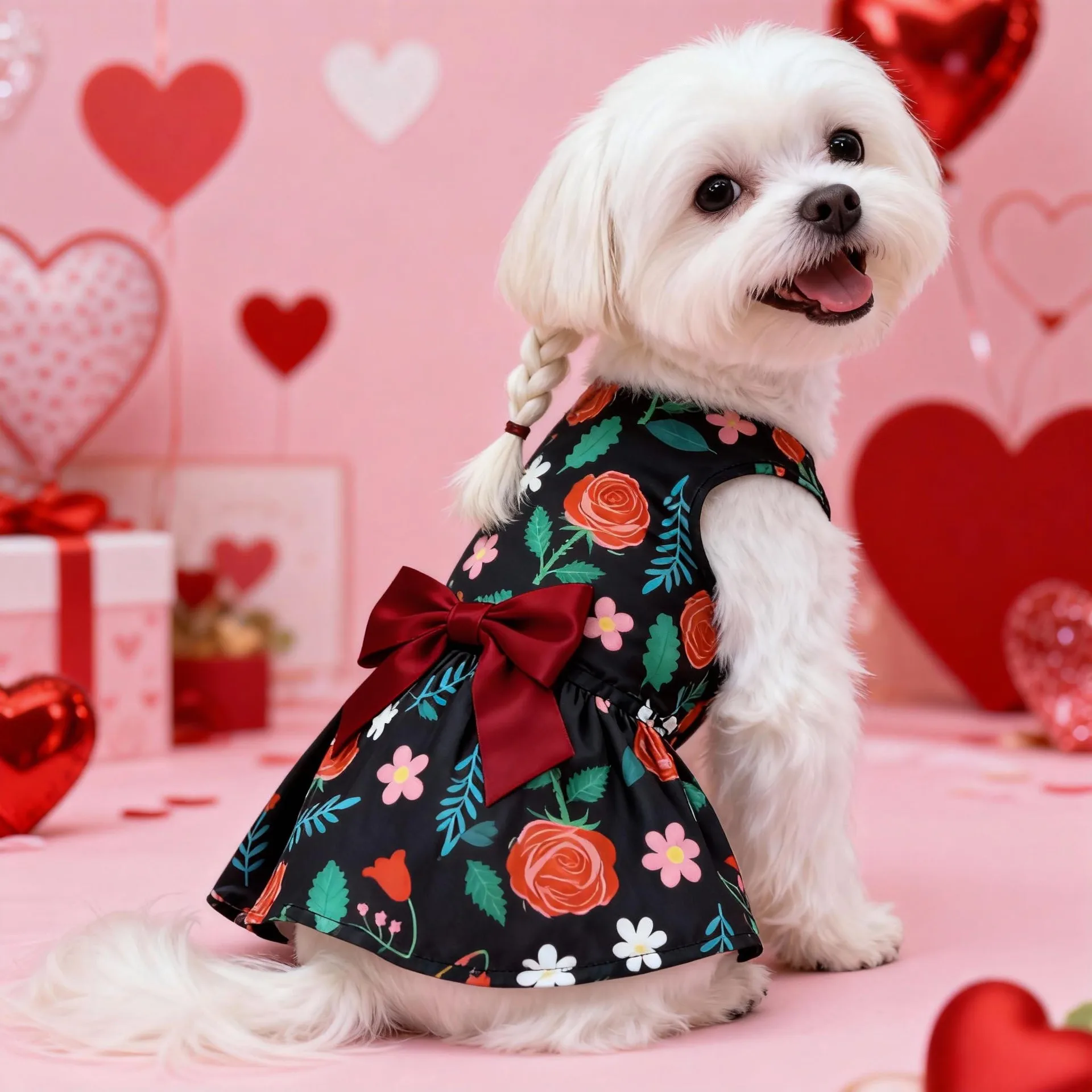 Vestido Estampado para Cães e Gatos com Laço Rosa para Festas - Image 4