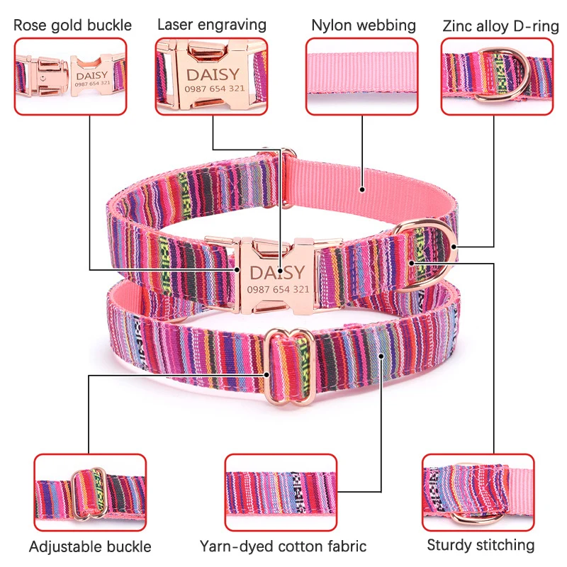 Coleira Listrada Personalizada para Cães com Fivela Rosê - Imagem 3