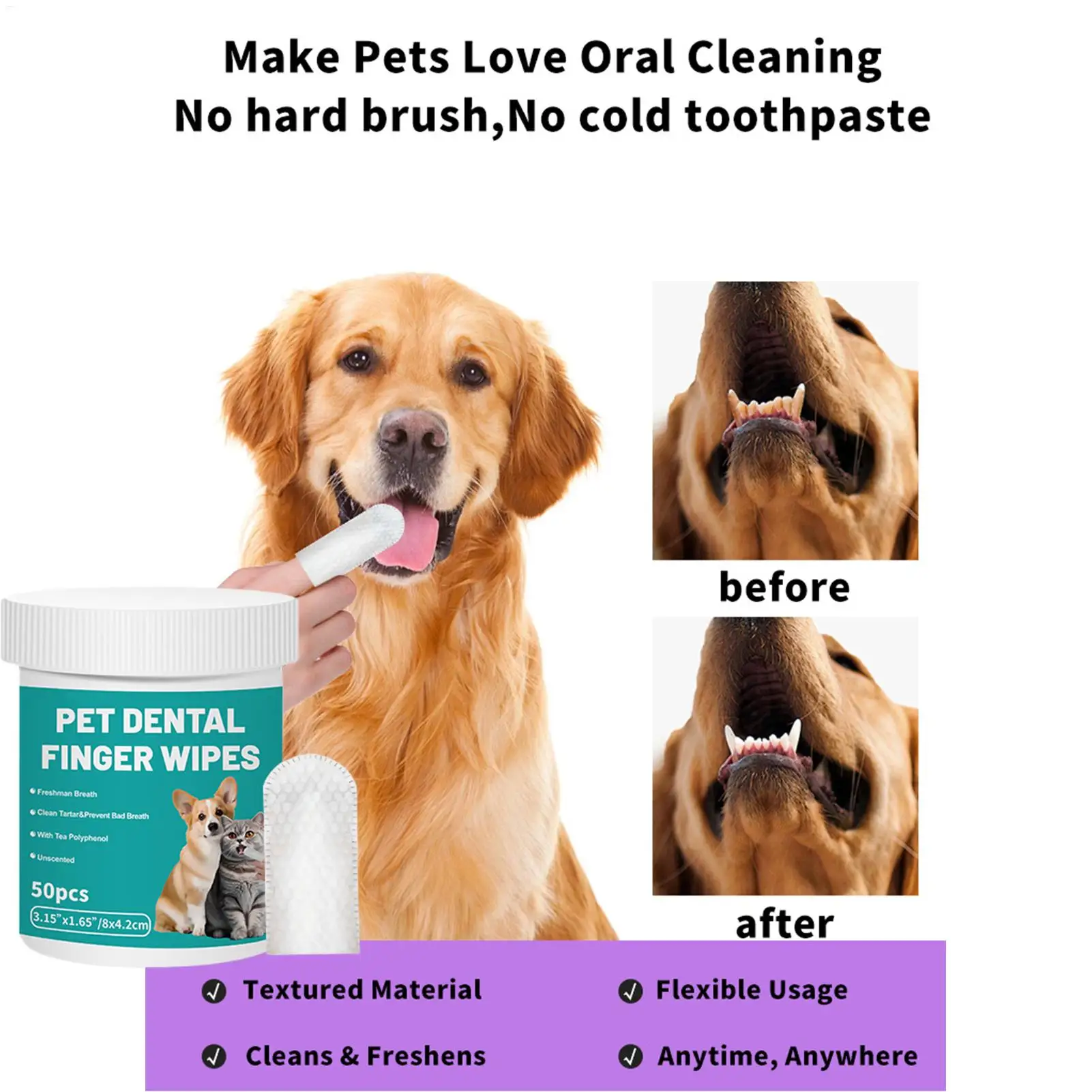 Lenços de Limpeza Dental para Cães e Gatos 50 Unidades Descartáveis - Imagem 3