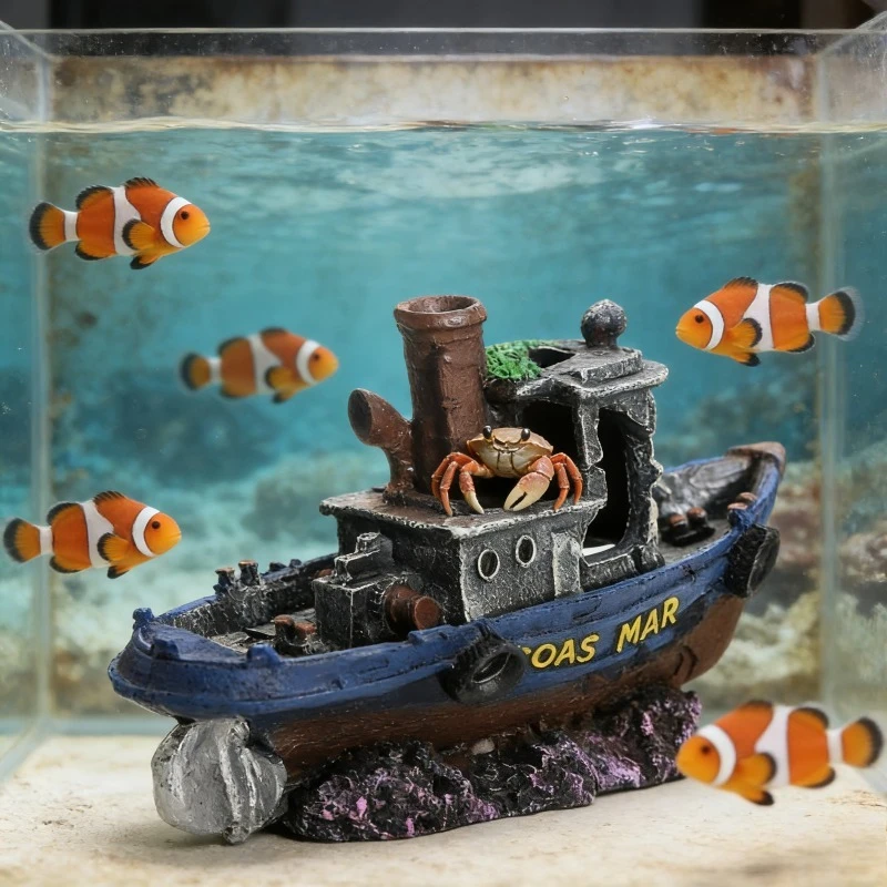 Ornamento de Aquário em Resina Navio Pirata para Peixes com Caverna Esconderijo - Imagem 2