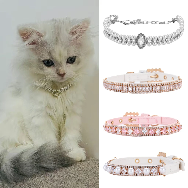 coleira de pérolas e strass para gatos