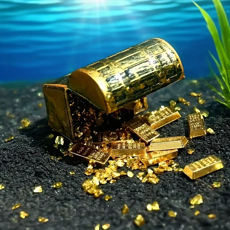 Mini Baú Pirata para Aquário com Moedas e Barras Douradas - Imagem 3