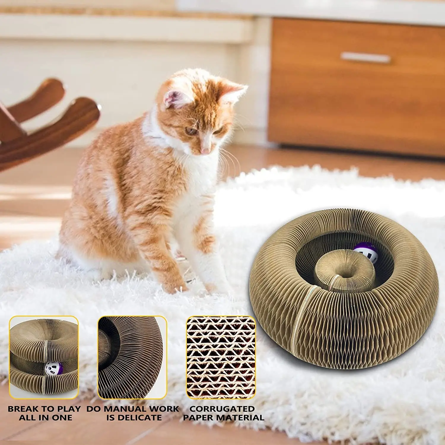 Arranhador para Gatos Redondo com Bola e Design Ondulado - Imagem 4