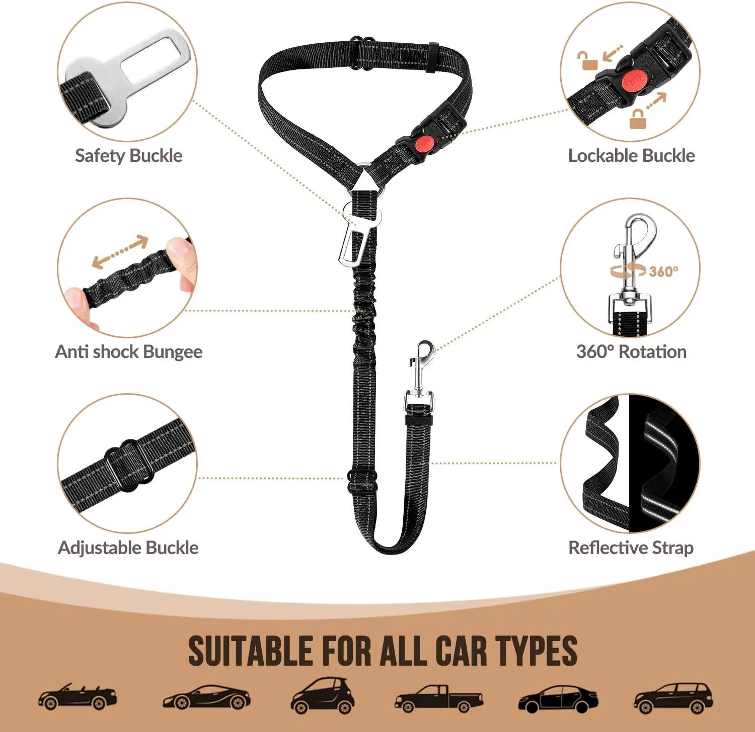 Cinto de Segurança para Cães Ajustável para Carro com Elástico Amortecedor - Imagem 4