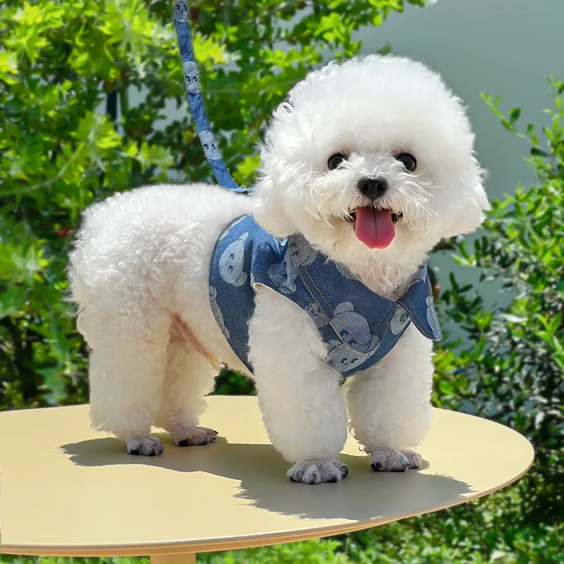 Coleira Peitoral Jeans para Cães e Gatos com Guia para Passeio - Imagem 2