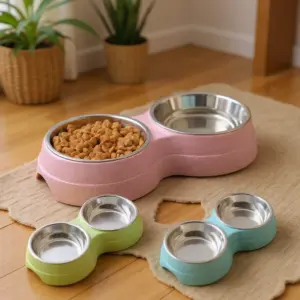 tigela dupla de aço inoxidável para cães e gatos
