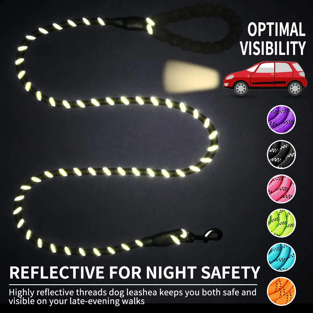 Guia para Cães de Nylon Refletiva 120 cm com Alça Macia para Passeio Noturno - Imagem 2