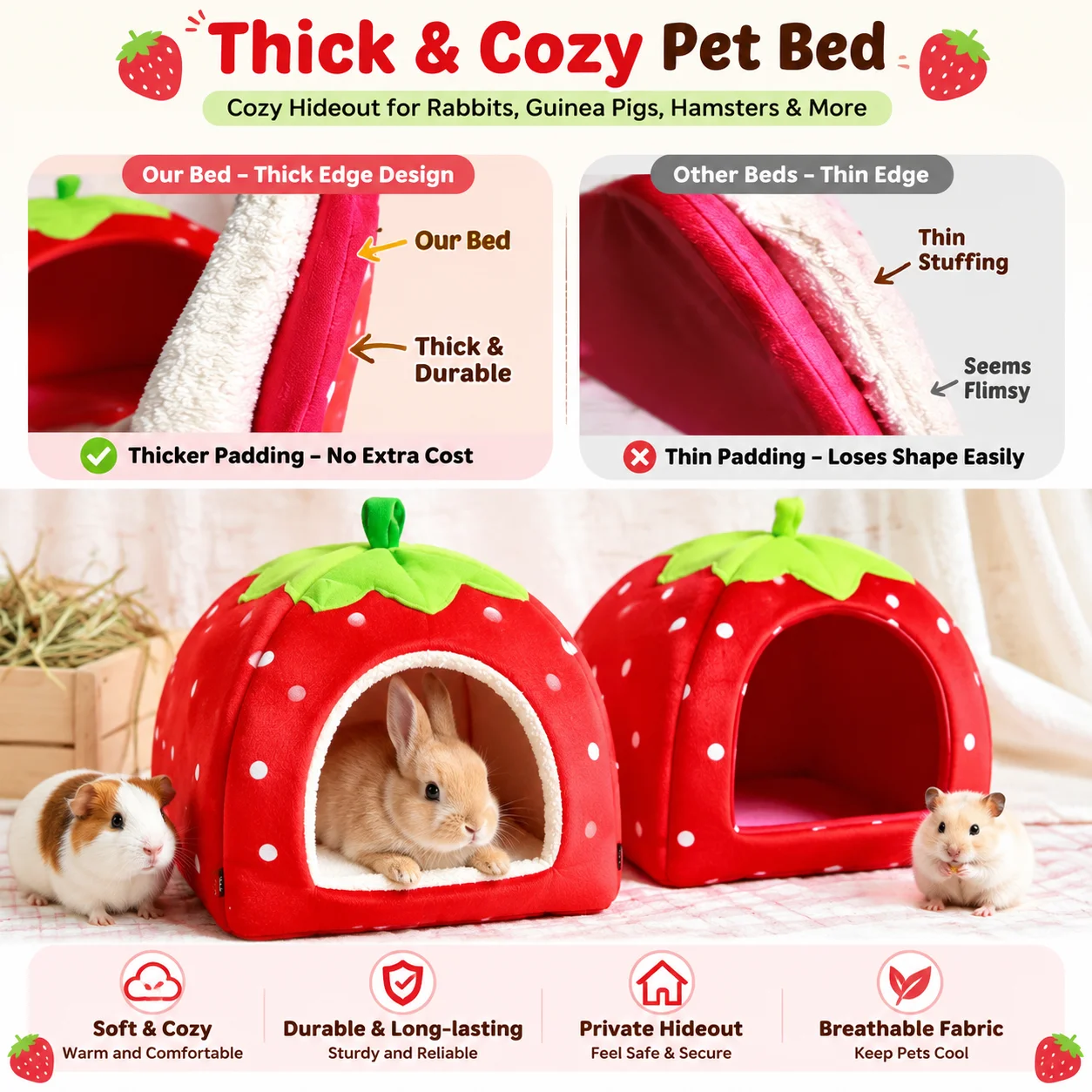 Cama Toca Morango para Coelhos e Porquinhos-da-Índia com Suporte de Feno - Imagem 4