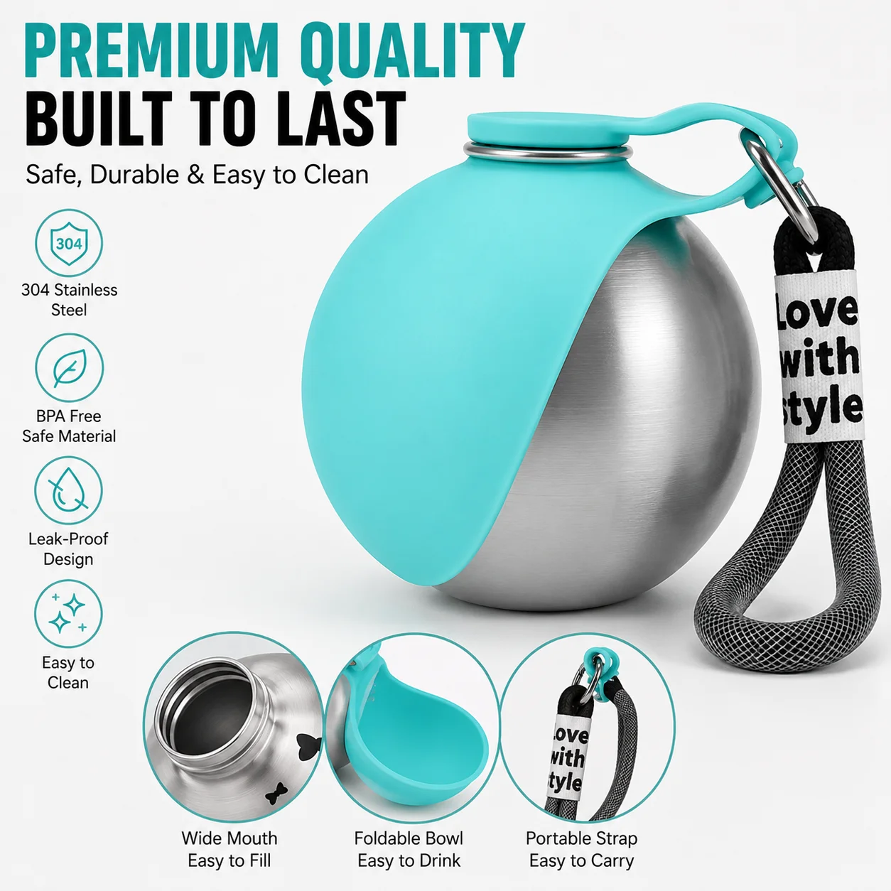 Garrafa de Água Portátil para Cães e Gatos de Aço Inoxidável 285 ml - Imagem 2
