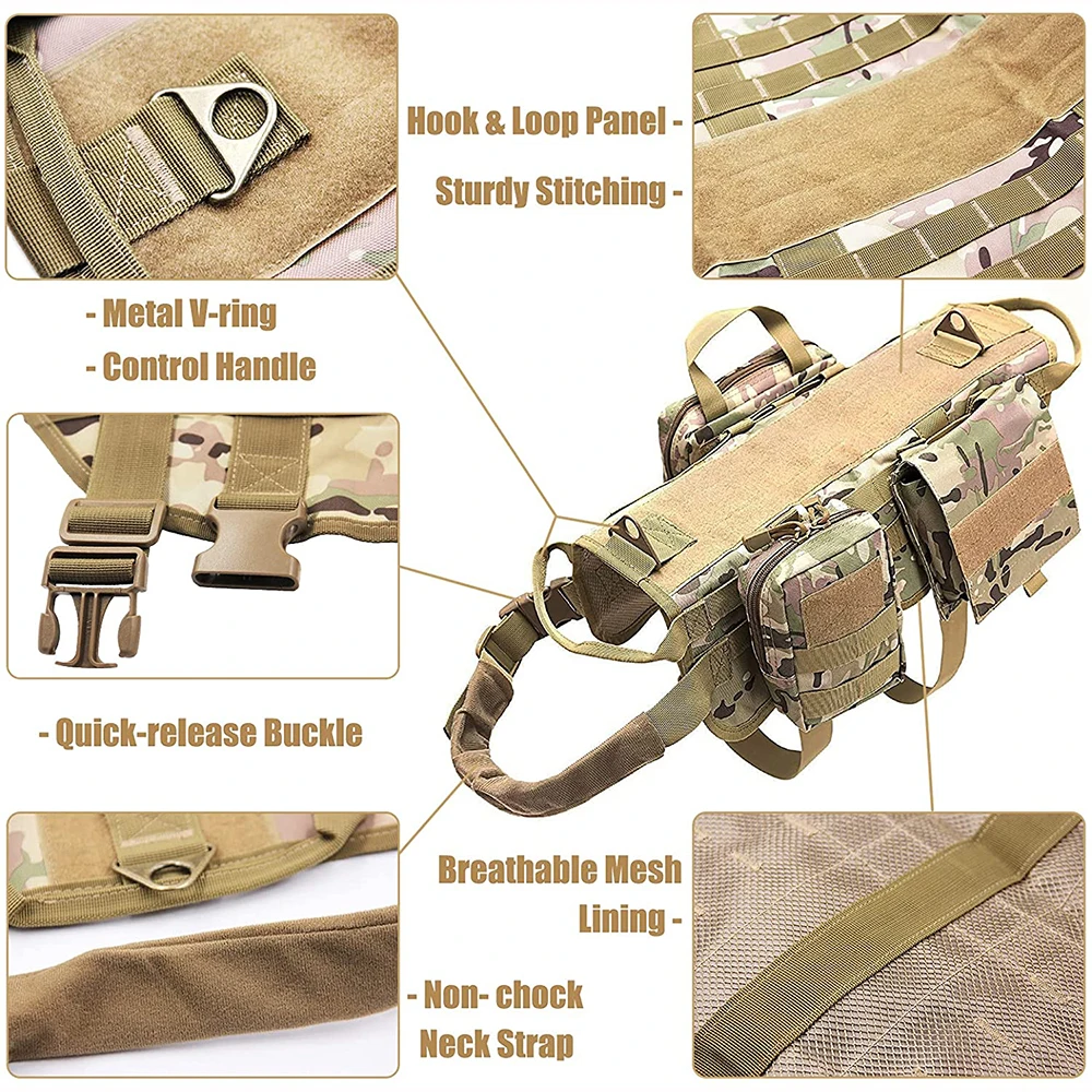 Colete Tático para Cães Grandes com Bolsas Molle e Ajuste no Peito - Image 3