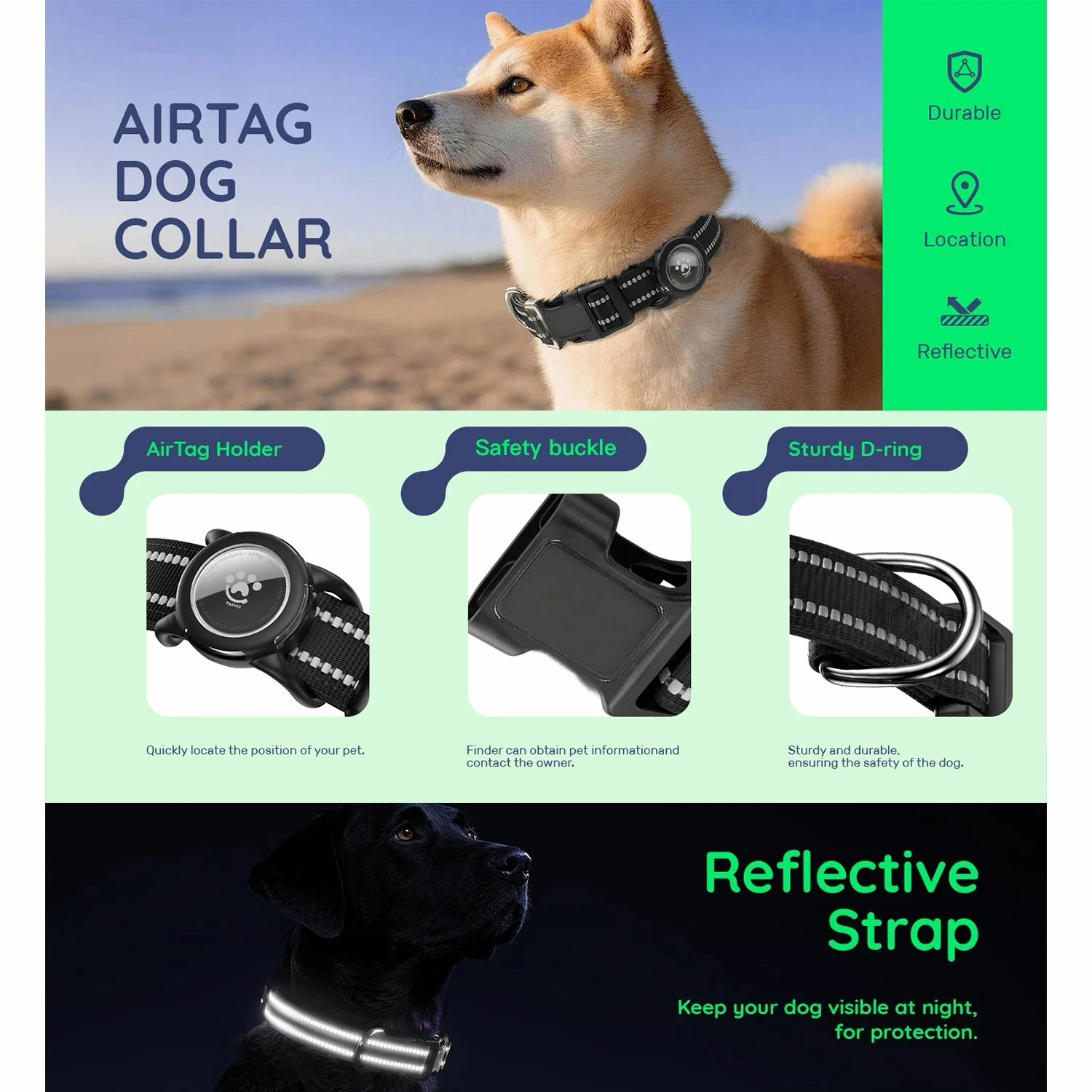 Coleira para Cães com Suporte AirTag e Faixa Refletiva - Imagem 6