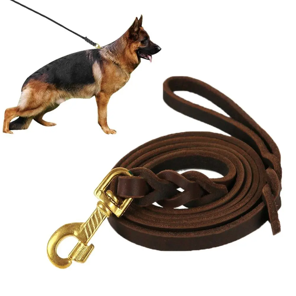 Coleira Guia para Cães de Couro Trançado Marrom com Gancho de Cobre - Imagem 4