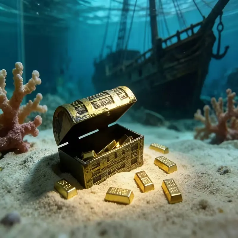 Mini Baú de Tesouro Pirata para Aquário com Moedas e Barras de Ouro - Imagem 3