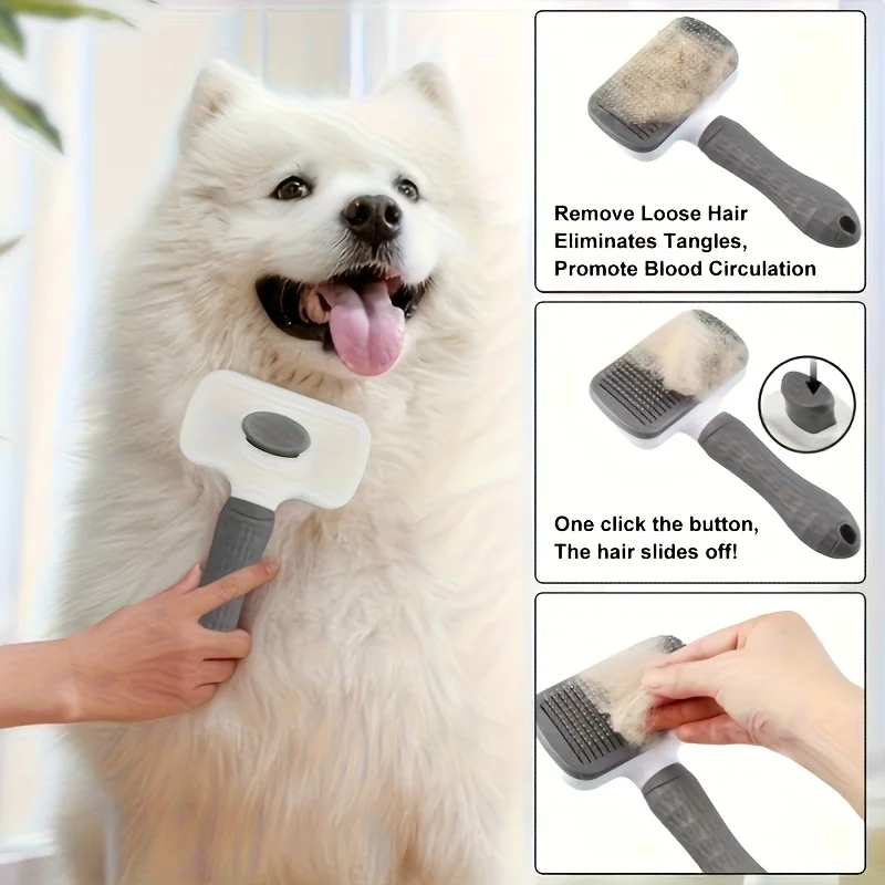 Escova para Pets com Botão de Limpeza e Pente Massageador Azul - Imagem 4