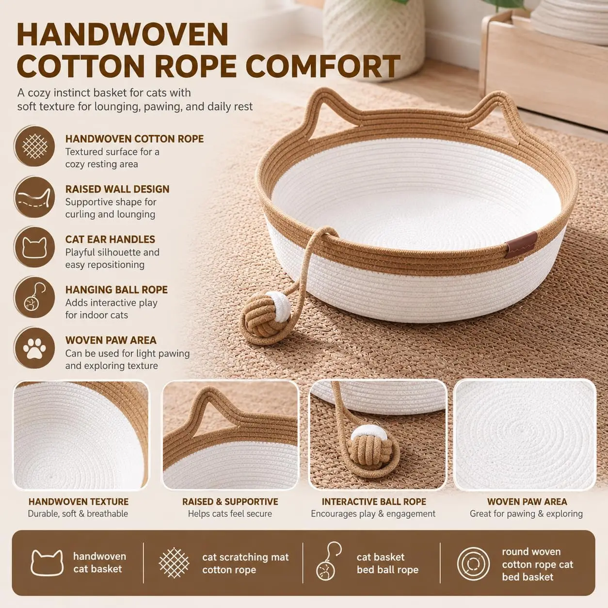 Cama Cesto para Gatos de Corda de Algodão Tecida com Cauda de Brinquedo - Imagem 5