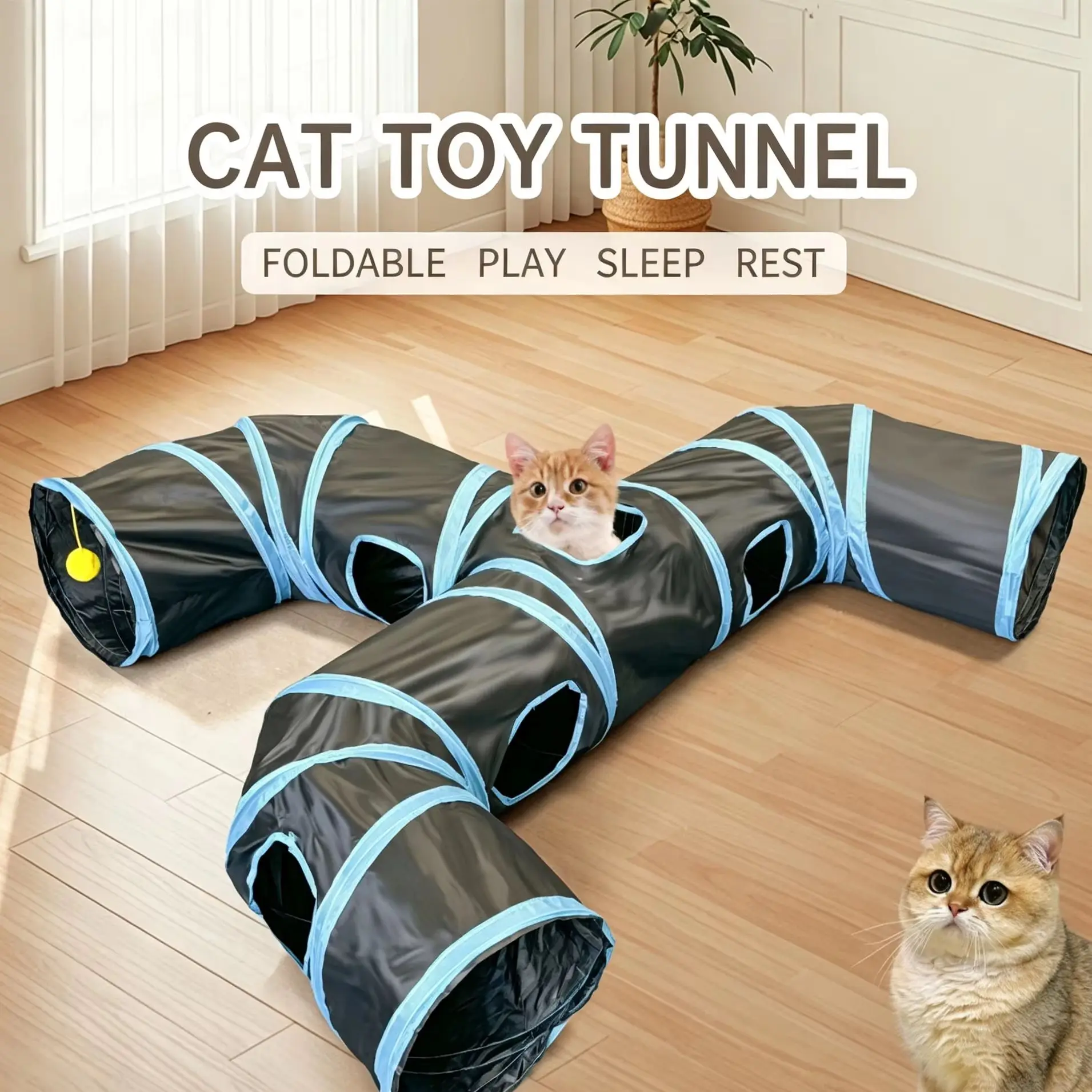 Brinquedo Túnel para Gatos 4 Vias Preto Dobrável para Guardar - Image 3