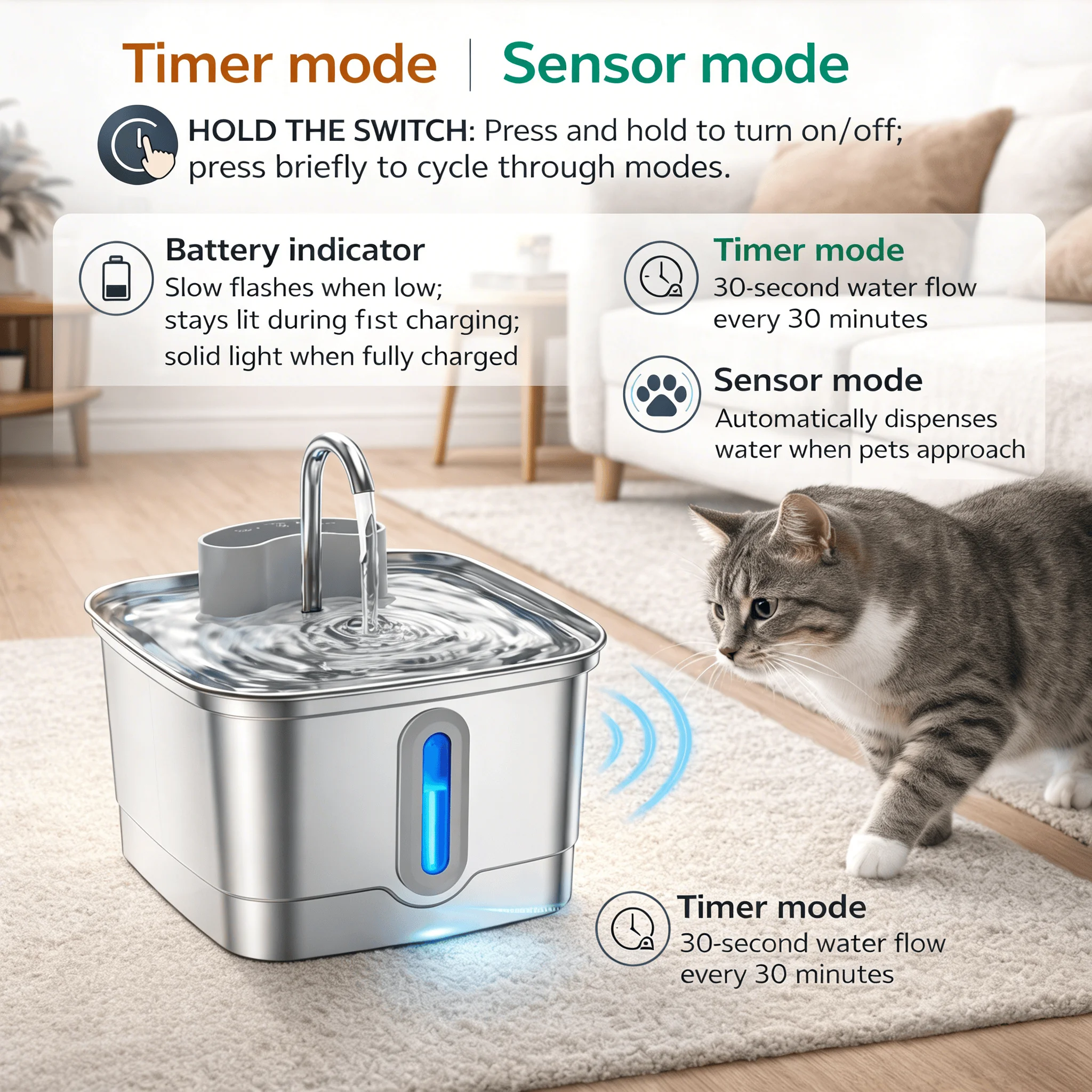 Fonte de Água para Gatos 3 L Inox com Bateria Recarregável - Imagem 4