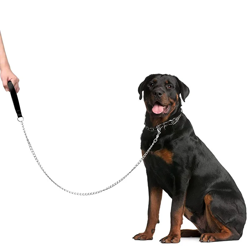 Trela de Corrente para Cães Resistente 120cm com Alça de Couro - Image 4
