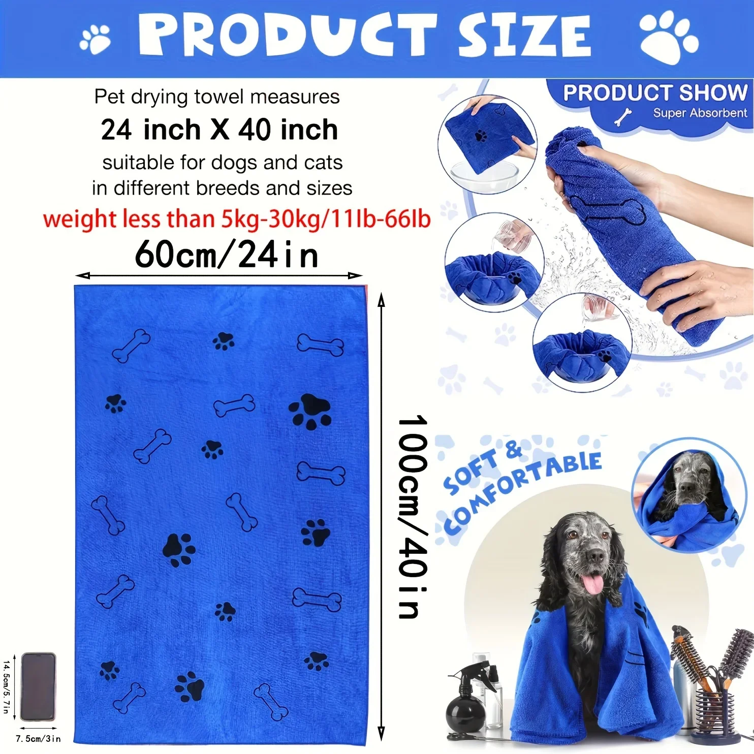 Toalha Microfibra para Cães e Gatos Absorvente Secagem Rápida - Imagem 6