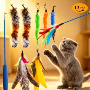 kit brinquedo gato varinha retrátil pena