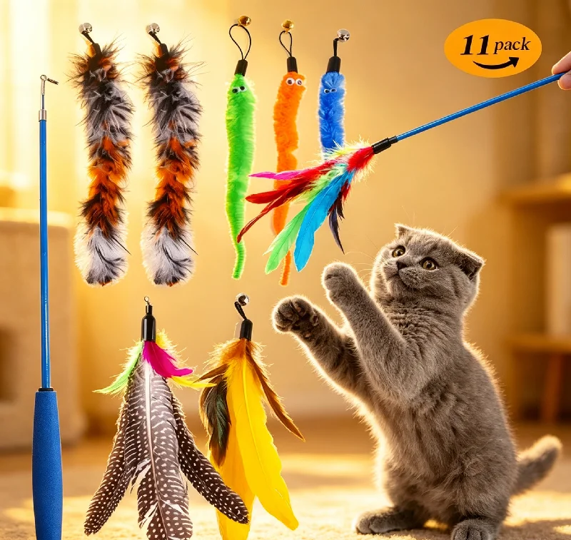 kit brinquedo gato varinha retrátil pena