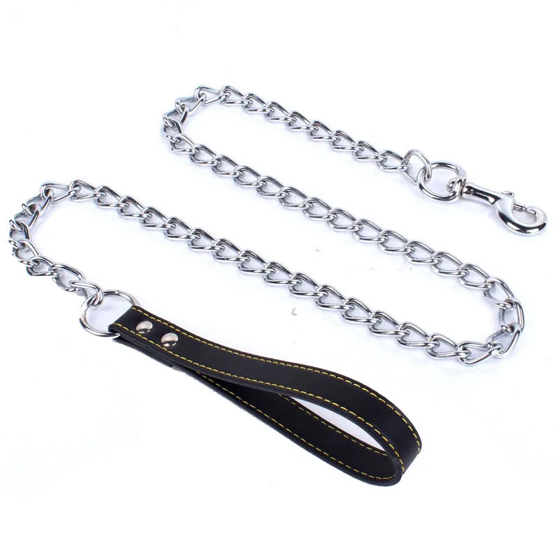 Trela de Corrente para Cães Resistente 120cm com Alça de Couro - Image 2