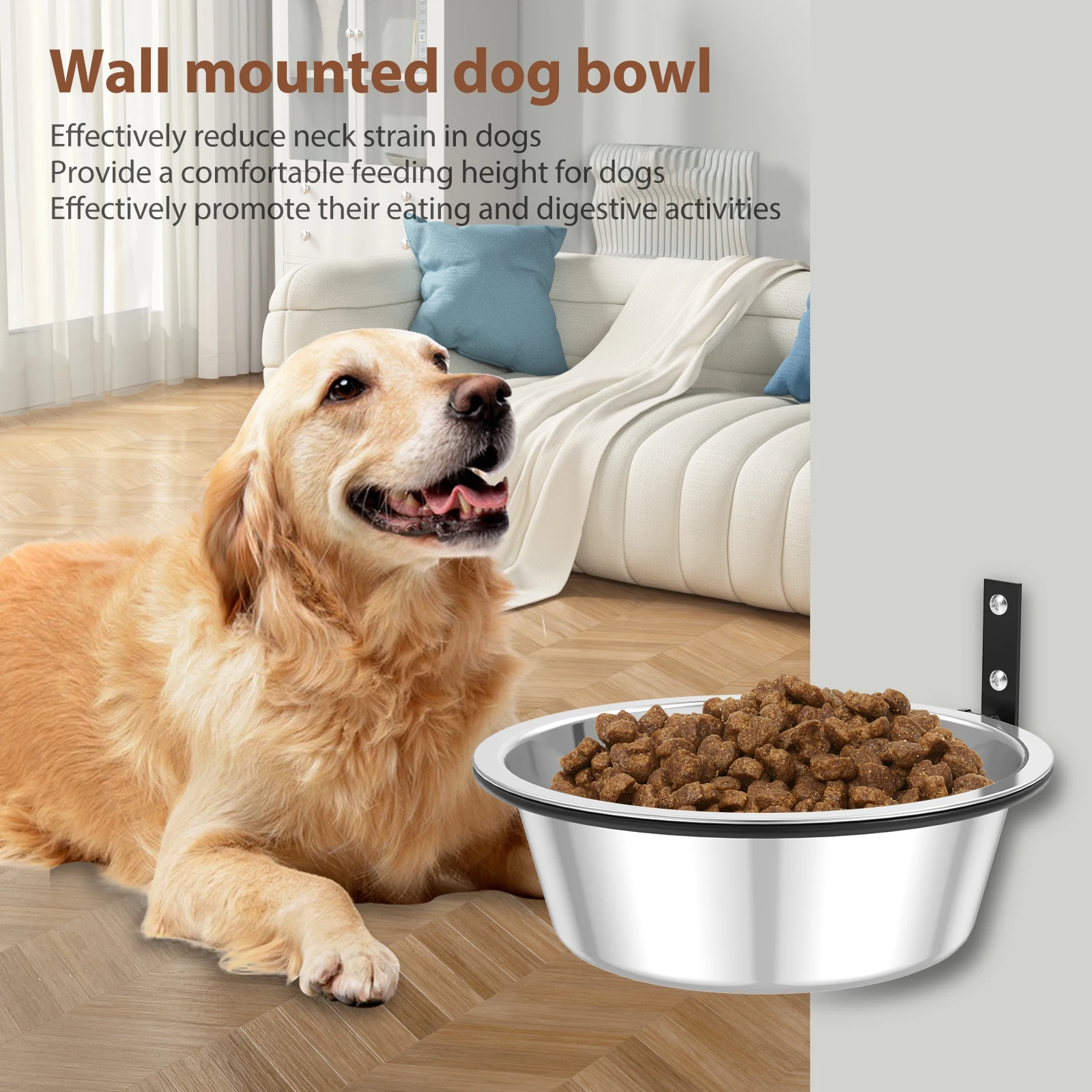 Tigela Dupla de Aço Inoxidável para Cães com Suporte Ajustável na Parede - Imagem 4