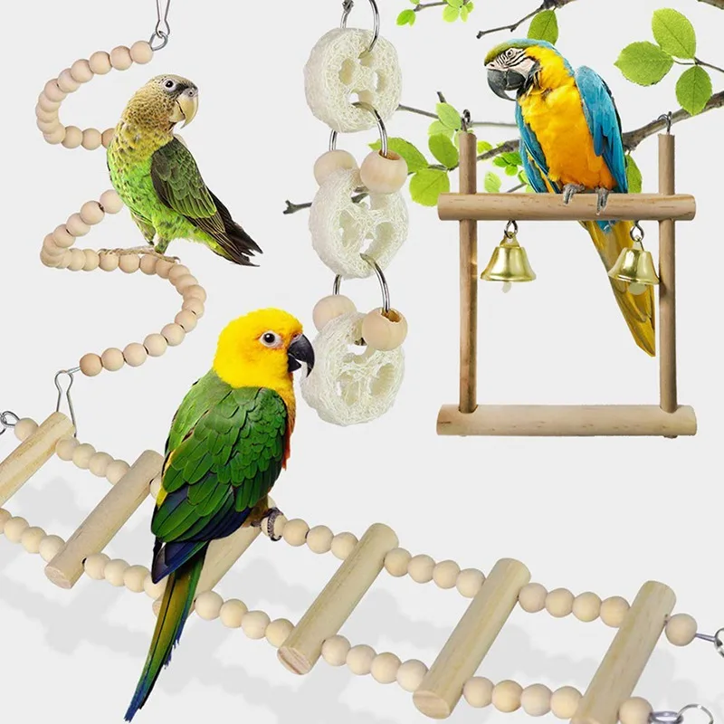 Brinquedos de Madeira para Pássaros Kit com 8 Peças para Gaiola - Imagem 2