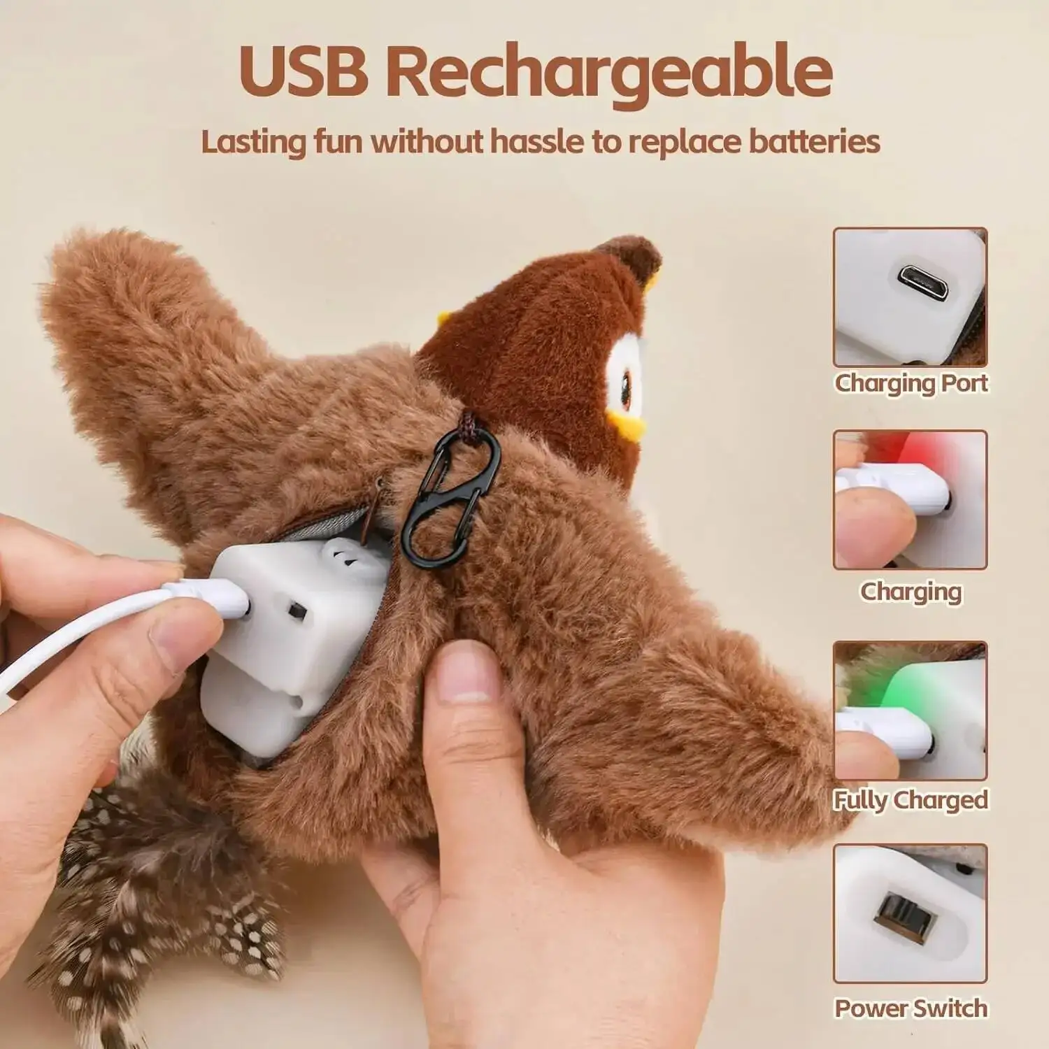 Brinquedo Interativo Pássaro para Gatos e Cães Recarregável USB Ativado por Toque - Imagem 3