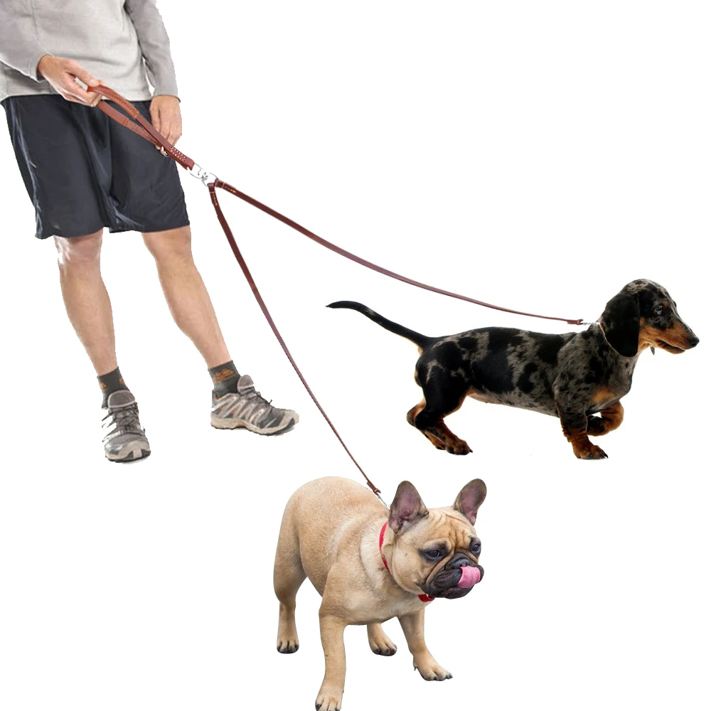 Trela Dupla para Cães de Couro Genuíno com Giratória 360 - Imagem 5