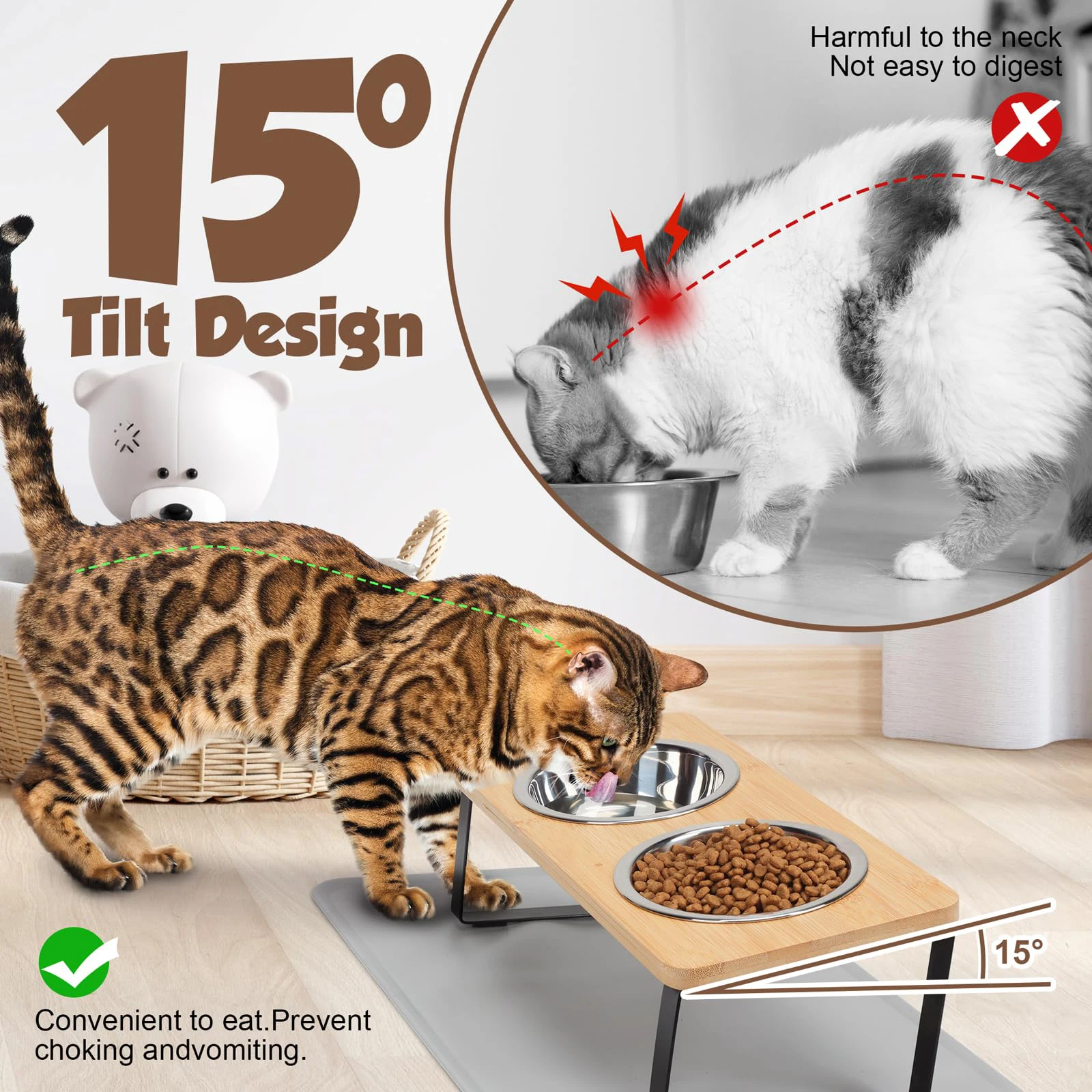 Comedouro Elevado para Gatos com 2 Tigelas Inclinadas a 15° Removíveis - Imagem 2