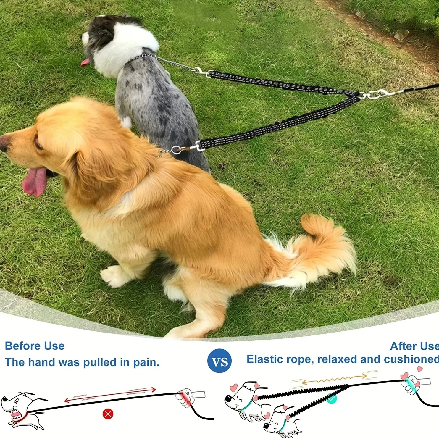 Guia Dupla para Cães com Corda Elástica para Treino ao Ar Livre - Imagem 5
