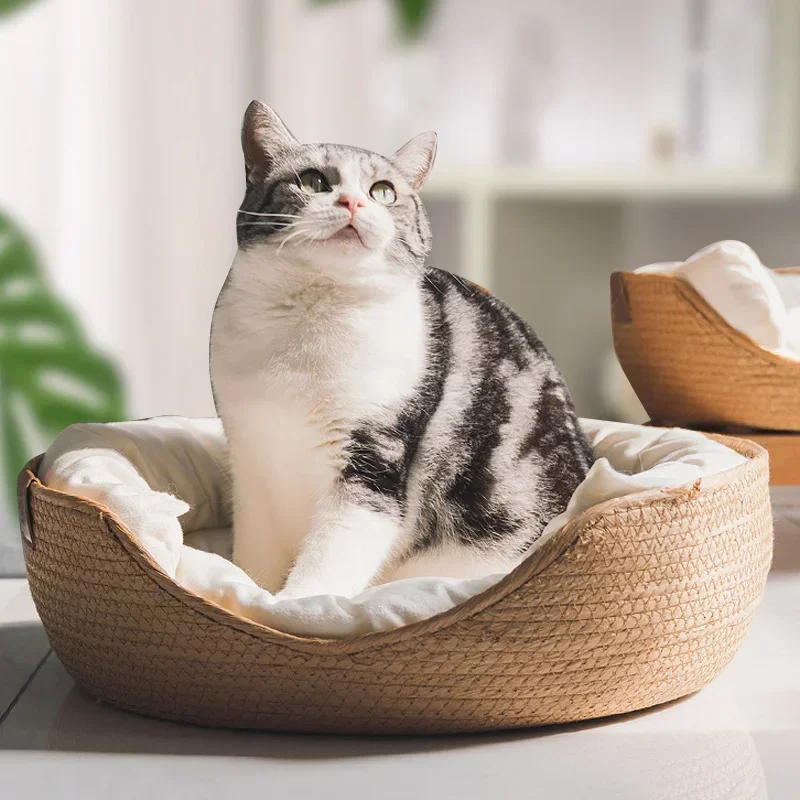 Cama Sofá para Gatos de Tecelagem de Bambu com Almofada Removível - Image 2