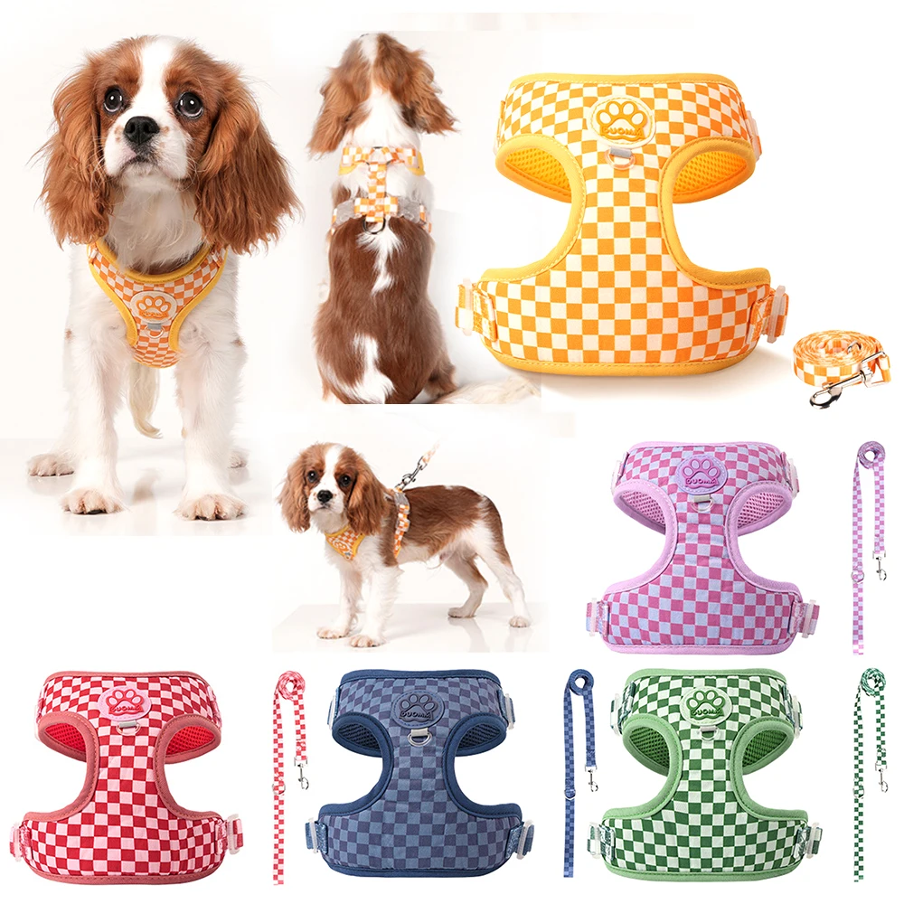 Coleira e Arnês para Cães Pequenos e Médios com Estampa Xadrez Ajustável - Imagem 2