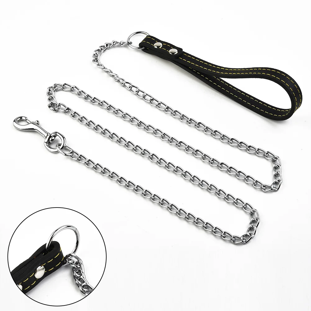 Trela de Metal para Cães 2,0 mm x 120 cm com Alça de Couro - Imagem 2