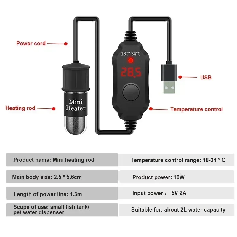 Aquecedor USB para Aquário 10 W com Termostato Digital - Imagem 2