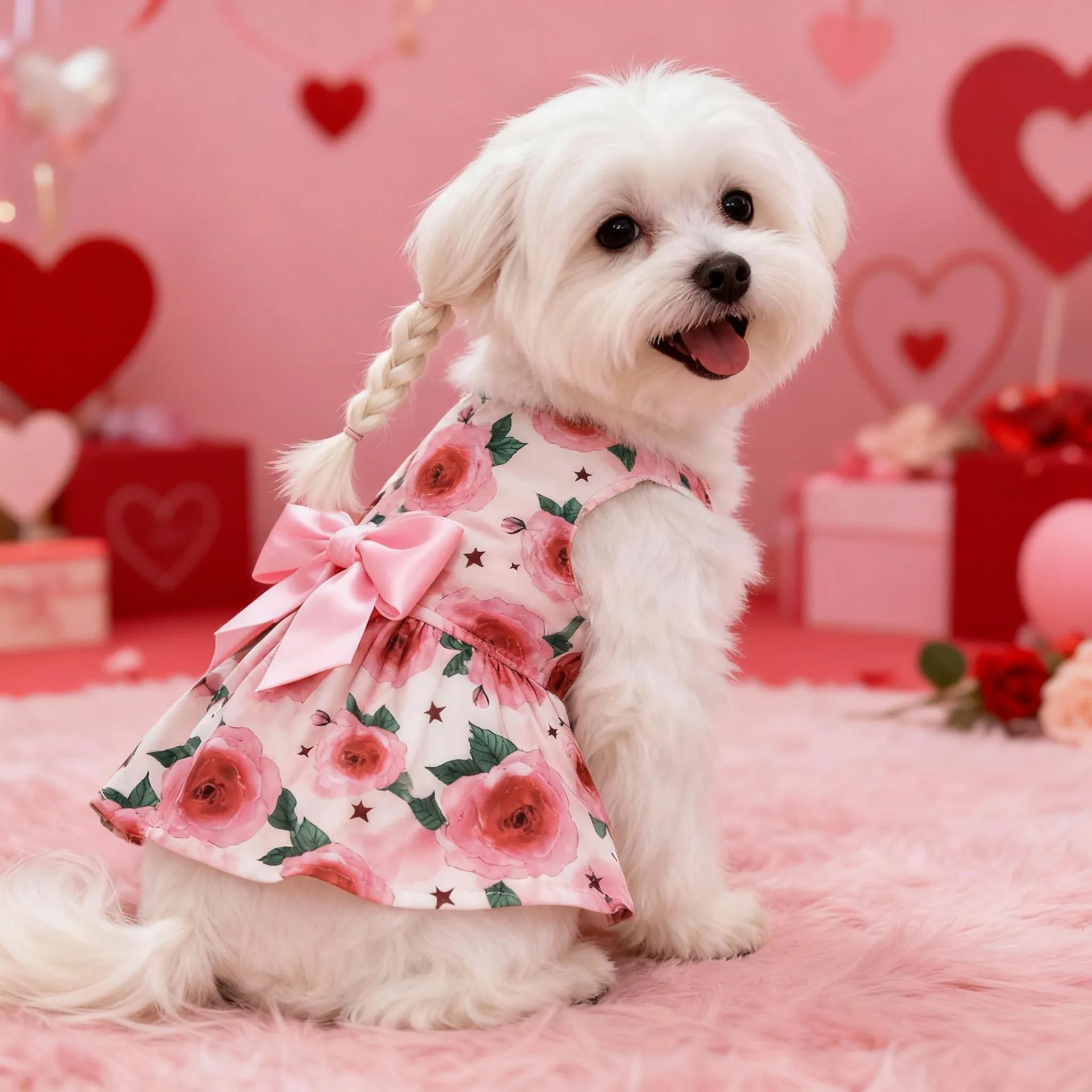 Vestido Estampado para Cães e Gatos com Laço Rosa para Festas - Image 3
