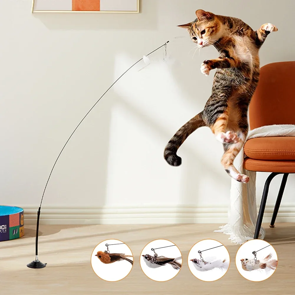 Brinquedo Varinha para Gatos Pena de Pássaro com Sino e Ventosa - Imagem 3