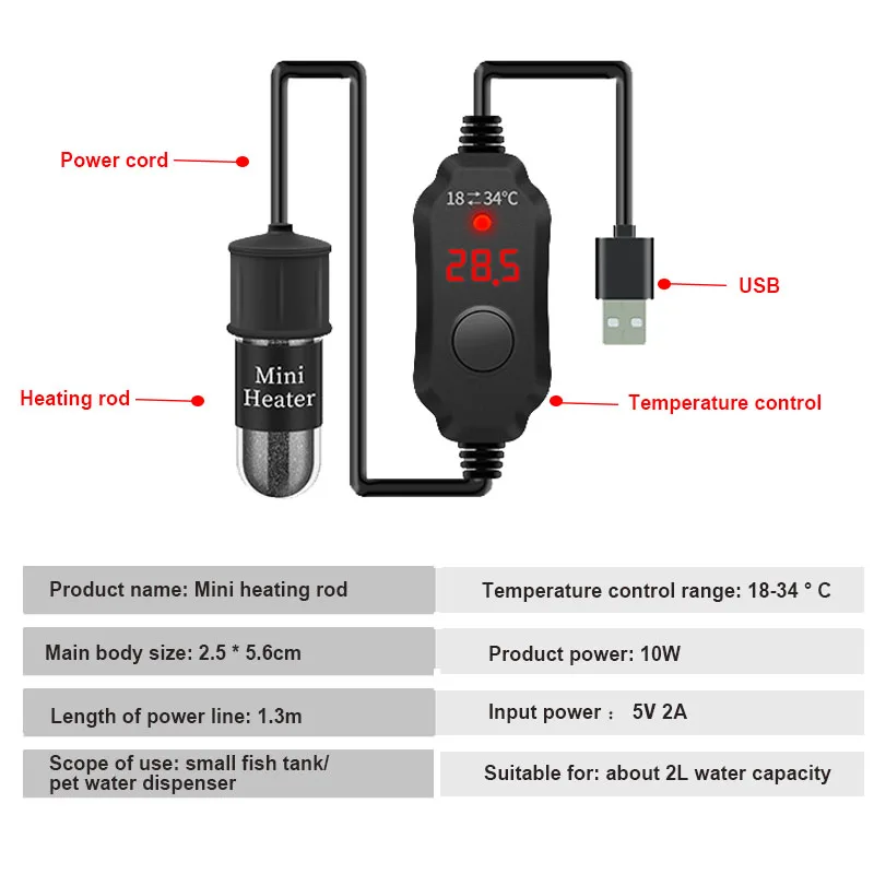 Aquecedor para Aquário Mini 10 W USB com Termostato 18-34 °C - Imagem 5