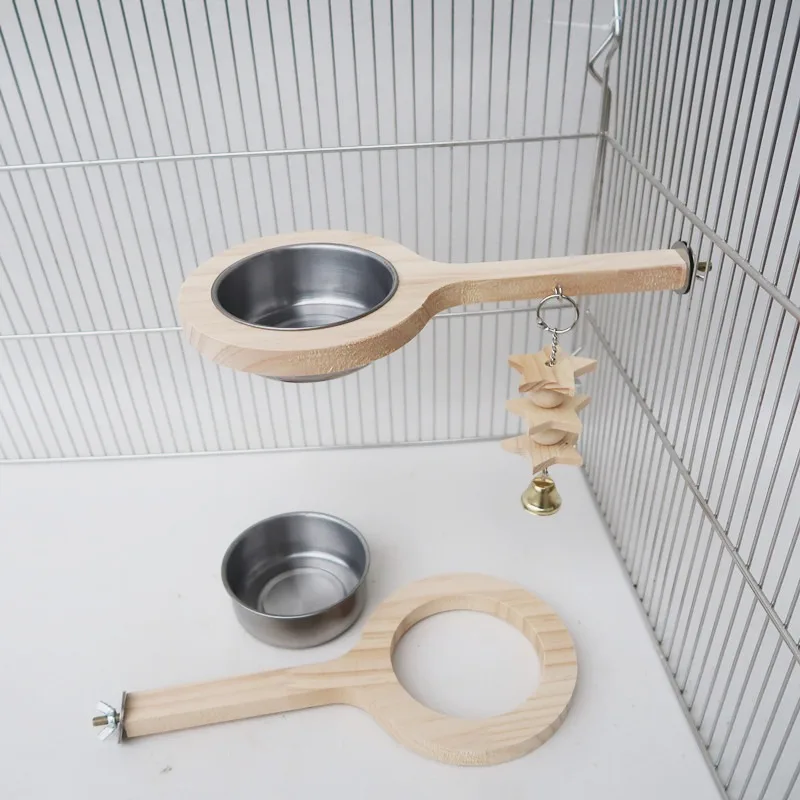 Poleiro para Pássaros de Madeira Maciça com 2 Tigelas de Aço Inox Removíveis - Imagem 4