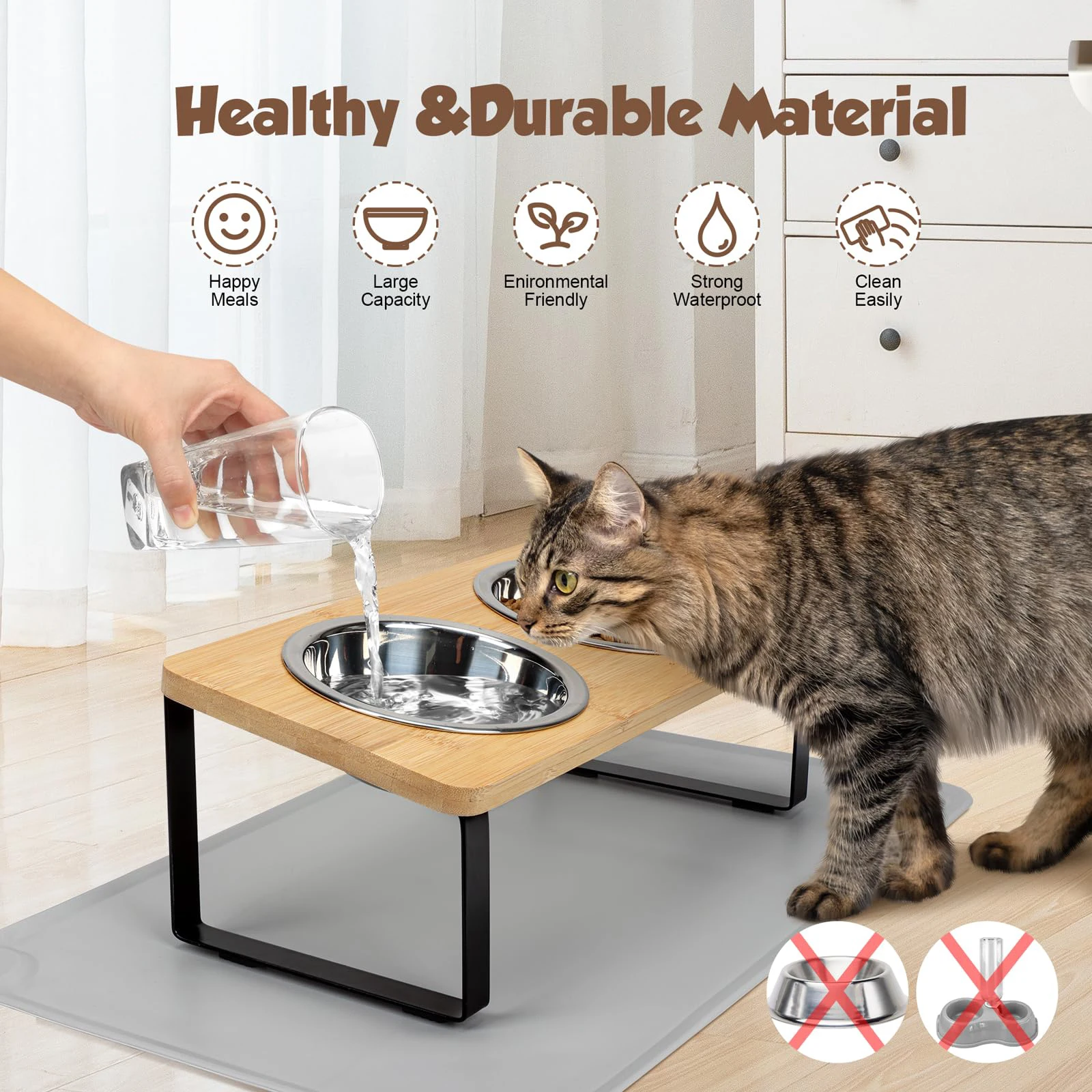 Comedouro Elevado para Gatos com 2 Tigelas Inclinadas a 15° Removíveis - Imagem 3
