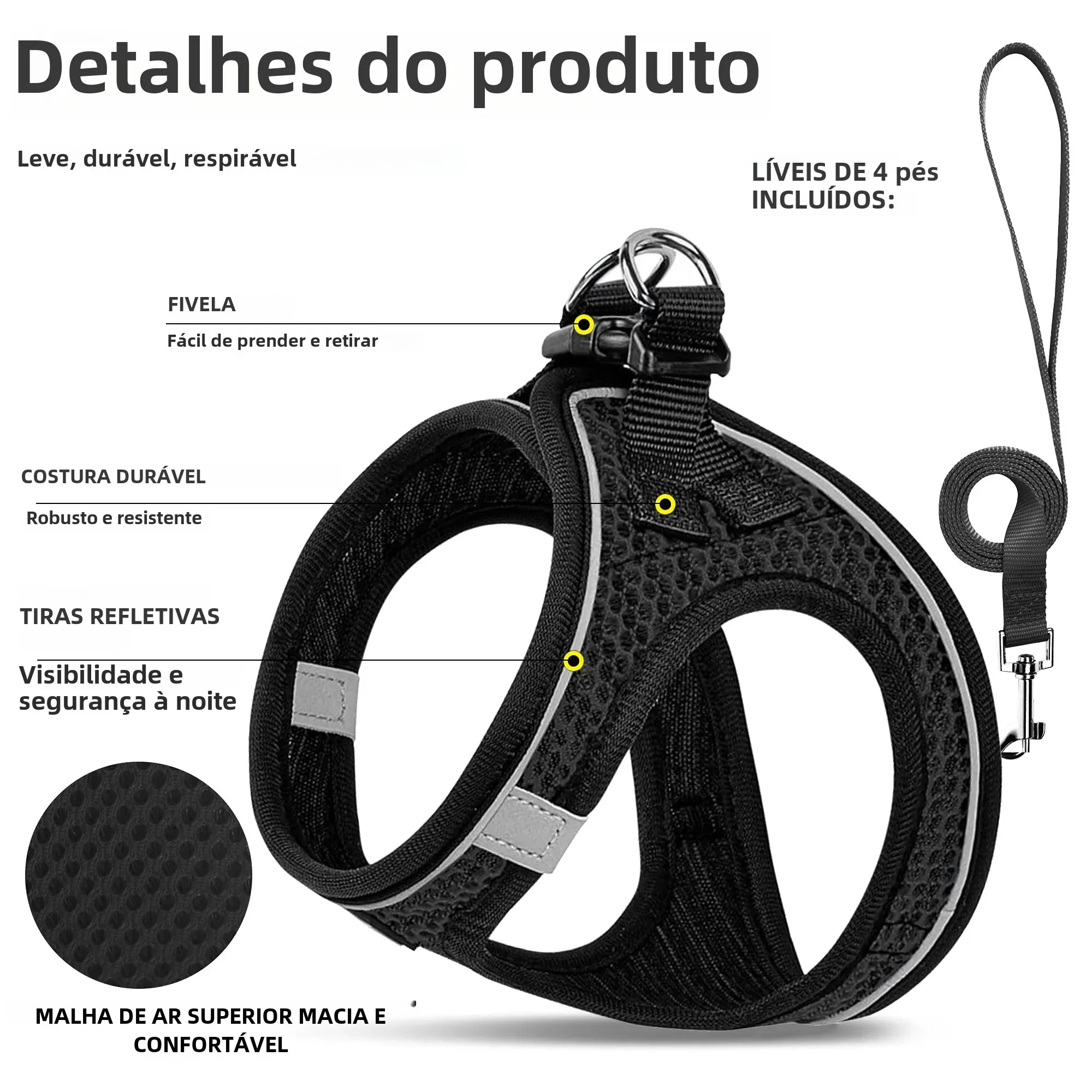 Coleira Peitoral Ajustável para Cães Pequenos e Gatos com Guia - Imagem 2