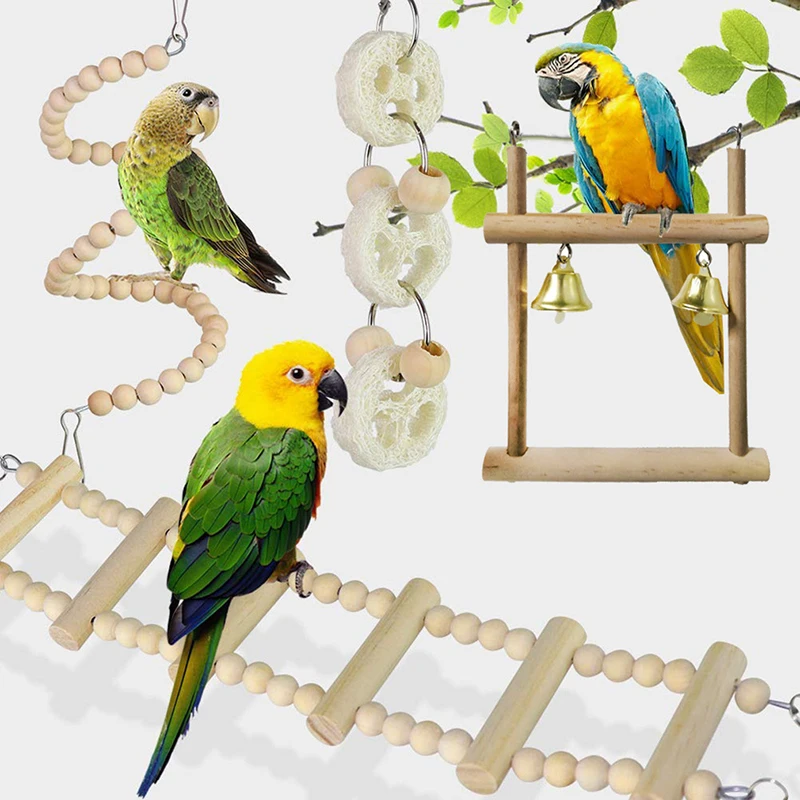 Brinquedo de Madeira para Pássaros Kit 8 Peças com Ponte e Bolas - Imagem 3